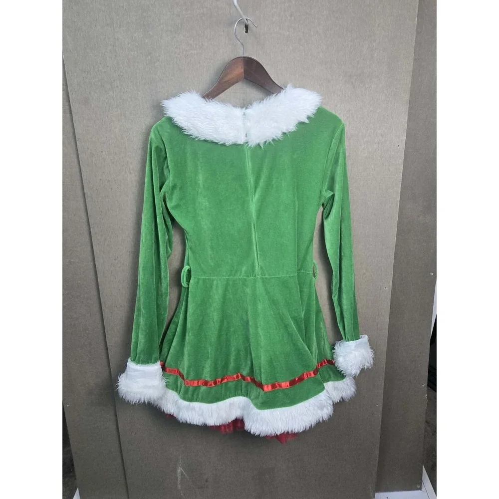 Women's Christmas Elf Costume Dress Green Faux Fur Holiday Adult One Size